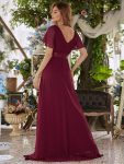 Long Chiffon Empire Waist Bridesmaid Dress with Short Flutter Sleeves – Burgundy