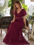 Long Chiffon Empire Waist Bridesmaid Dress with Short Flutter Sleeves – Burgundy