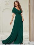 Long Chiffon Empire Waist Bridesmaid Dress with Short Flutter Sleeves – Dark Green