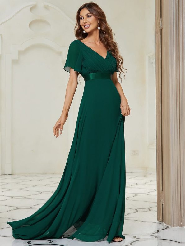 Long Chiffon Empire Waist Bridesmaid Dress with Short Flutter Sleeves - Dark Green