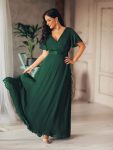 Long Chiffon Empire Waist Bridesmaid Dress with Short Flutter Sleeves – Dark Green