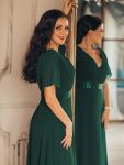 Long Chiffon Empire Waist Bridesmaid Dress with Short Flutter Sleeves – Dark Green