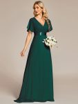 Long Chiffon Empire Waist Bridesmaid Dress with Short Flutter Sleeves – Dark Green