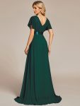 Long Chiffon Empire Waist Bridesmaid Dress with Short Flutter Sleeves – Dark Green