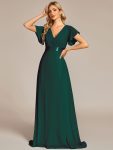 Long Chiffon Empire Waist Bridesmaid Dress with Short Flutter Sleeves – Dark Green