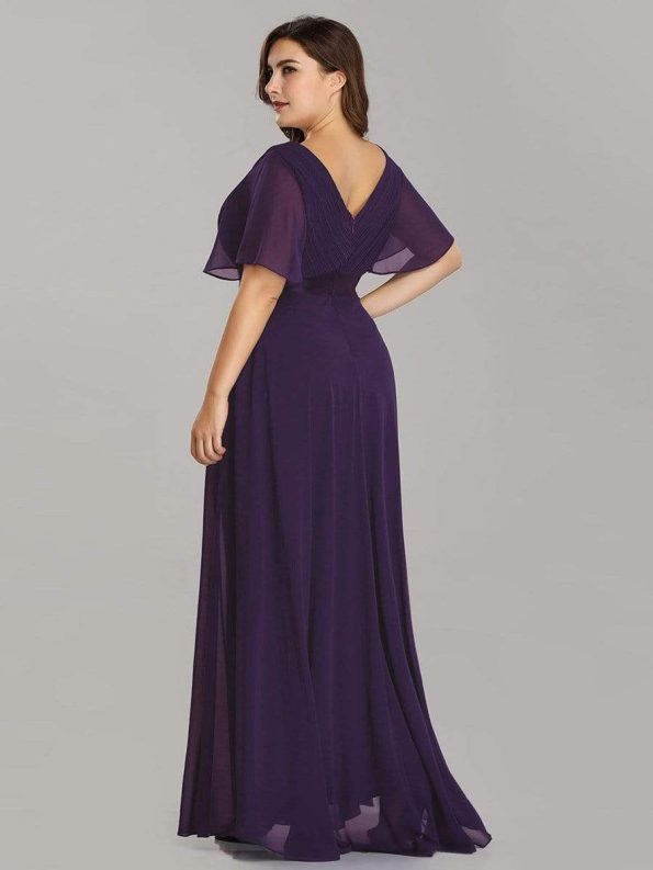 Long Chiffon Empire Waist Bridesmaid Dress with Short Flutter Sleeves - Dark Purple