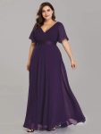 Long Chiffon Empire Waist Bridesmaid Dress with Short Flutter Sleeves – Dark Purple