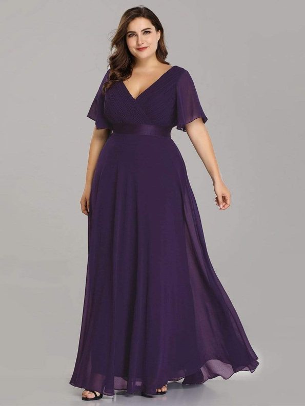 Long Chiffon Empire Waist Bridesmaid Dress with Short Flutter Sleeves - Dark Purple