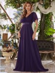 Long Chiffon Empire Waist Bridesmaid Dress with Short Flutter Sleeves – Dark Purple