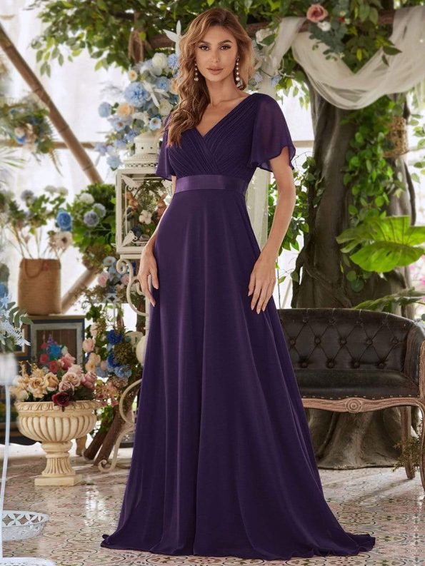 Long Chiffon Empire Waist Bridesmaid Dress with Short Flutter Sleeves - Dark Purple