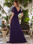 Long Chiffon Empire Waist Bridesmaid Dress with Short Flutter Sleeves – Dark Purple