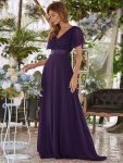 Long Chiffon Empire Waist Bridesmaid Dress with Short Flutter Sleeves – Dark Purple