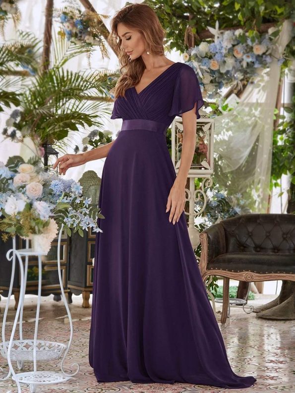 Long Chiffon Empire Waist Bridesmaid Dress with Short Flutter Sleeves - Dark Purple