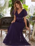 Long Chiffon Empire Waist Bridesmaid Dress with Short Flutter Sleeves – Dark Purple