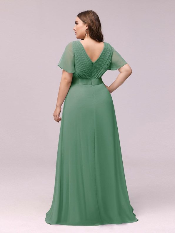 Long Chiffon Empire Waist Bridesmaid Dress with Short Flutter Sleeves - Green Bean