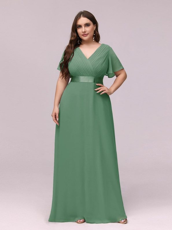 Long Chiffon Empire Waist Bridesmaid Dress with Short Flutter Sleeves - Green Bean