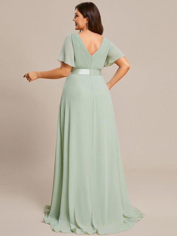 Long Chiffon Empire Waist Bridesmaid Dress with Short Flutter Sleeves - Mint Green