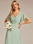 Long Chiffon Empire Waist Bridesmaid Dress with Short Flutter Sleeves – Mint Green