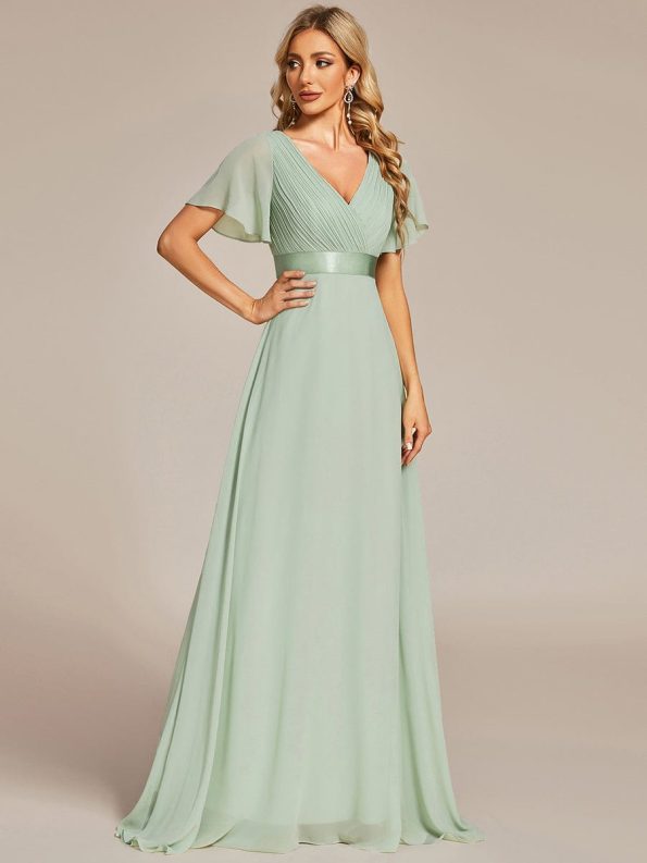 Long Chiffon Empire Waist Bridesmaid Dress with Short Flutter Sleeves - Mint Green