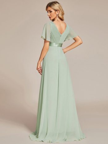 Long Chiffon Empire Waist Bridesmaid Dress with Short Flutter Sleeves - Mint Green