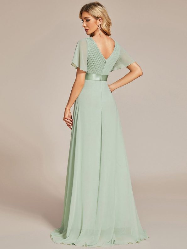 Long Chiffon Empire Waist Bridesmaid Dress with Short Flutter Sleeves - Mint Green