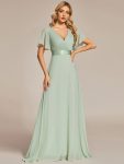 Long Chiffon Empire Waist Bridesmaid Dress with Short Flutter Sleeves – Mint Green