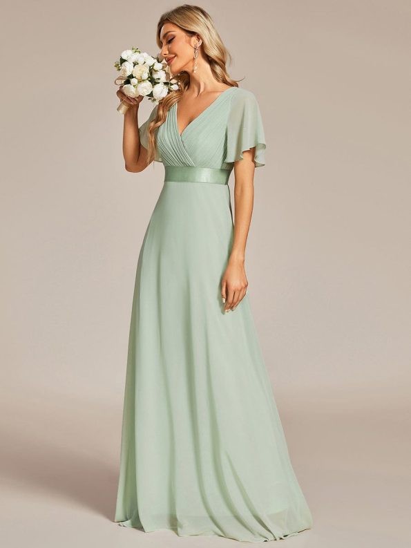 Long Chiffon Empire Waist Bridesmaid Dress with Short Flutter Sleeves - Mint Green