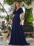 Long Chiffon Empire Waist Bridesmaid Dress with Short Flutter Sleeves – Navy Blue