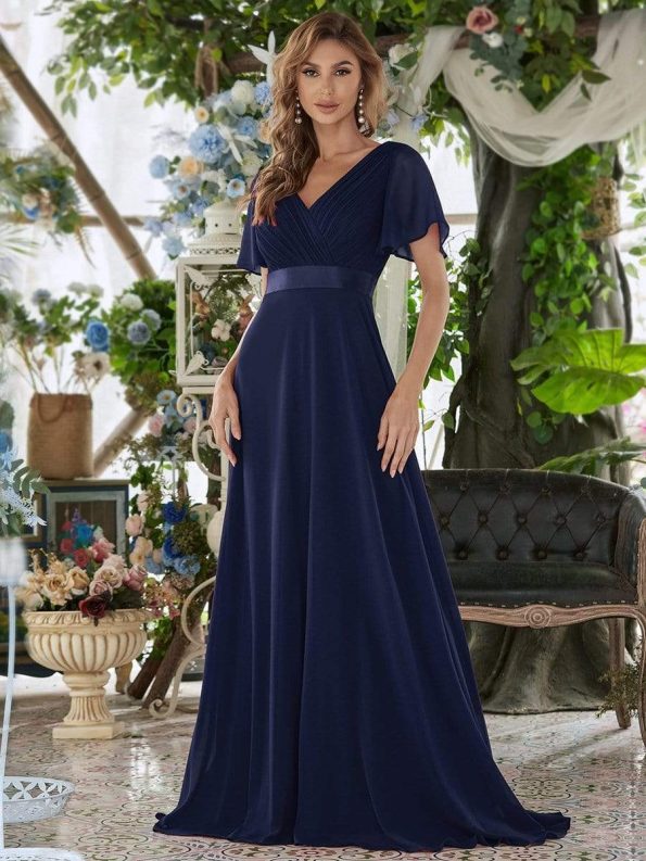 Long Chiffon Empire Waist Bridesmaid Dress with Short Flutter Sleeves - Navy Blue