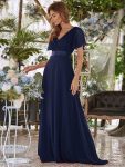 Long Chiffon Empire Waist Bridesmaid Dress with Short Flutter Sleeves – Navy Blue