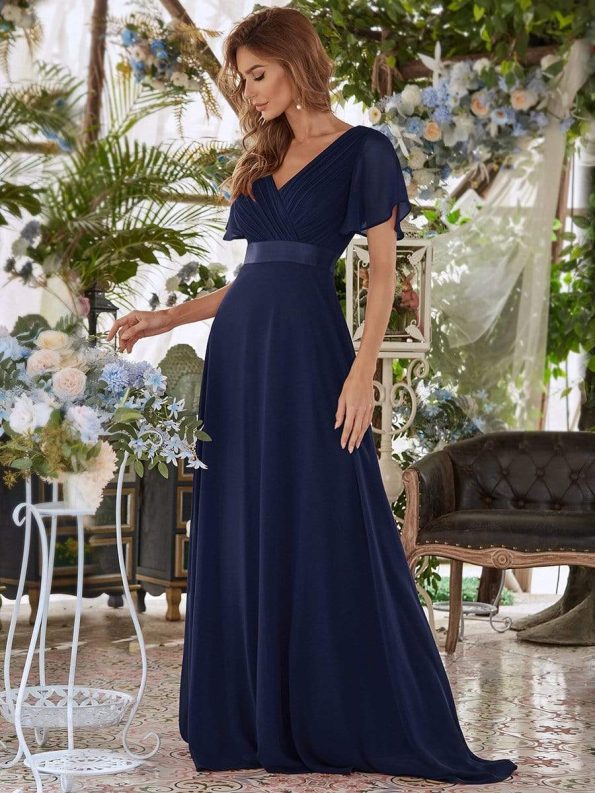 Long Chiffon Empire Waist Bridesmaid Dress with Short Flutter Sleeves - Navy Blue