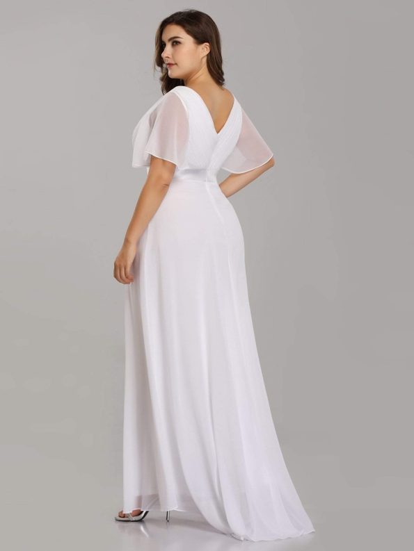 Long Chiffon Empire Waist Bridesmaid Dress with Short Flutter Sleeves - White