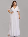 Long Chiffon Empire Waist Bridesmaid Dress with Short Flutter Sleeves – White