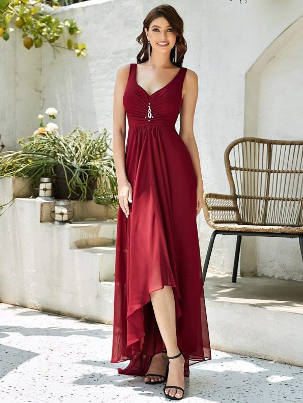 V-Neck High-Low Chiffon Evening Party Dress - Burgundy