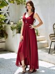 V-Neck High-Low Chiffon Evening Party Dress – Burgundy