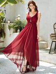 V-Neck High-Low Chiffon Evening Party Dress – Burgundy