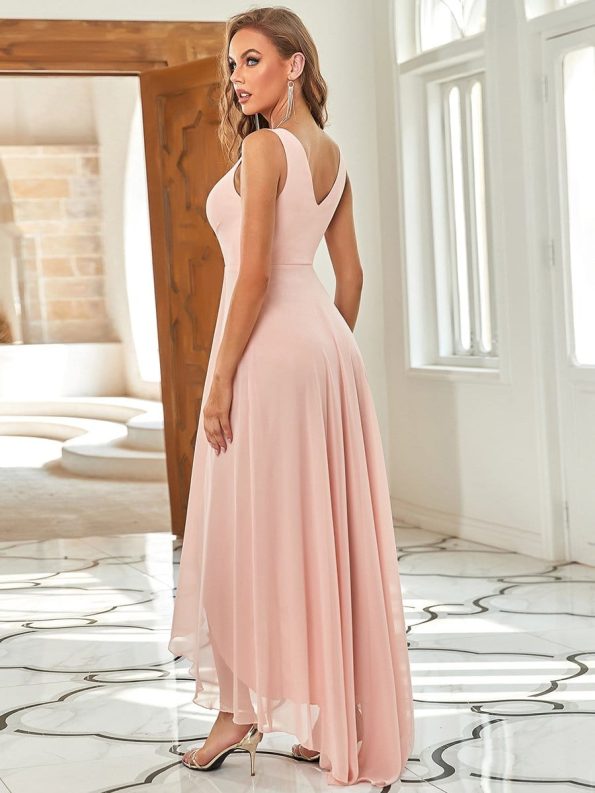 V-Neck High-Low Chiffon Evening Party Dress - Pink