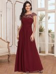 Elegant Lace Cap Sleeve Maxi Long Chiffon Bridesmaid Dress – Burgundy