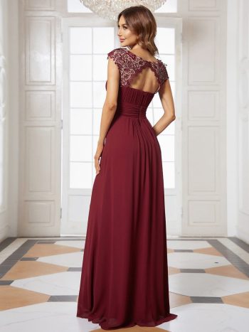 Elegant Lace Cap Sleeve Maxi Long Chiffon Bridesmaid Dress - Burgundy