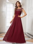 Elegant Lace Cap Sleeve Maxi Long Chiffon Bridesmaid Dress – Burgundy