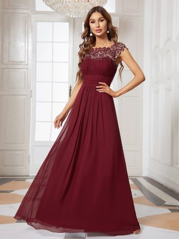 Elegant Lace Cap Sleeve Maxi Long Chiffon Bridesmaid Dress - Burgundy