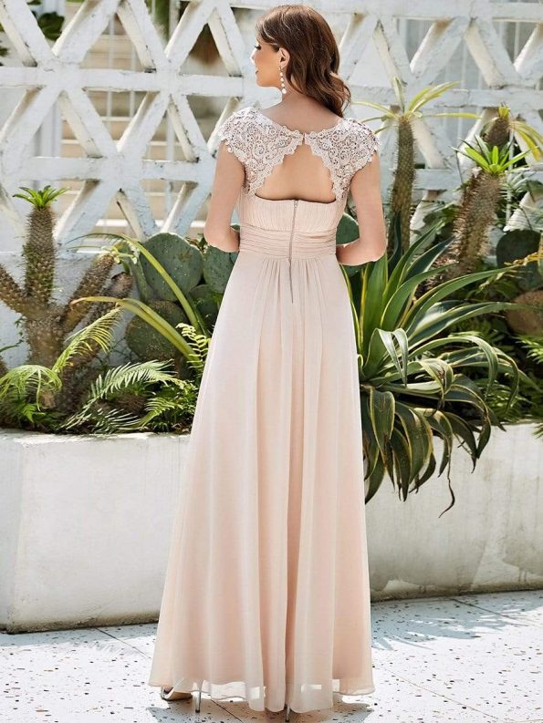 Elegant Maxi Long Lace Bridesmaid Dress with Cap Sleeve - Blush