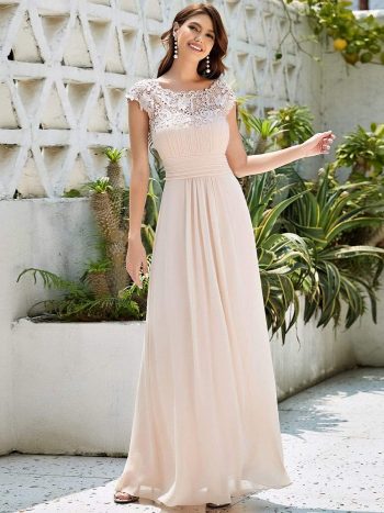 Elegant Maxi Long Lace Bridesmaid Dress with Cap Sleeve - Blush