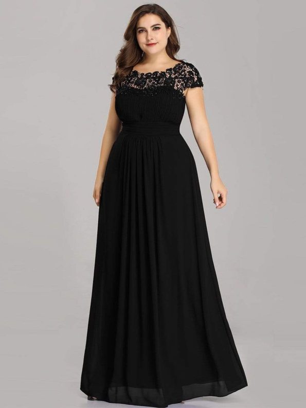 Elegant Maxi Long Lace Bridesmaid Dress with Cap Sleeve - Black