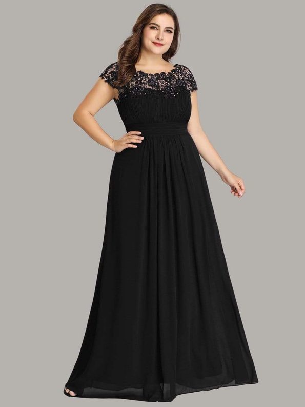 Elegant Maxi Long Lace Bridesmaid Dress with Cap Sleeve - Black