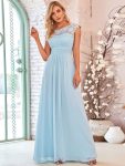 Elegant Lace Cap Sleeve Maxi Long Chiffon Bridesmaid Dress - Sky Blue