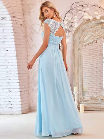 Elegant Lace Cap Sleeve Maxi Long Chiffon Bridesmaid Dress - Sky Blue