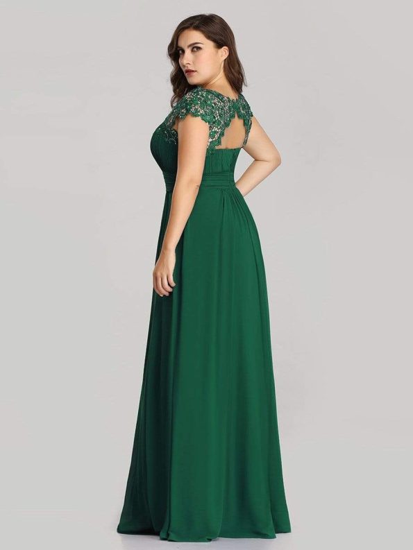 Elegant Lace Cap Sleeve Maxi Long Chiffon Bridesmaid Dress - Dark Green