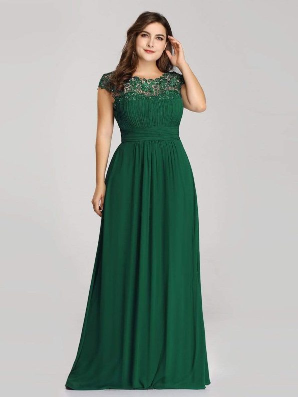 Elegant Lace Cap Sleeve Maxi Long Chiffon Bridesmaid Dress - Dark Green