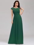 Elegant Lace Cap Sleeve Maxi Long Chiffon Bridesmaid Dress – Dark Green